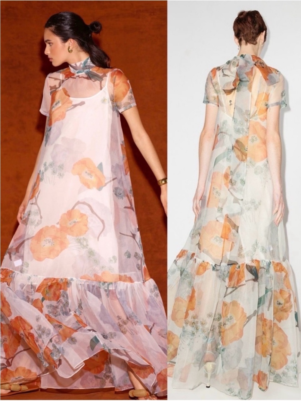 STAUD Calluna Poppy Floral Print Organza Tie Back Maxi Gown Dress SZ S